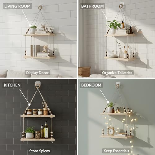Image of 2Tier Hanging Shelf with Magic Hook, Use Decor Plants, Books, Decorative Gift Items Nursery Livingroom Wooden Beads & Ring Woven Bohemian Chic for Dorm