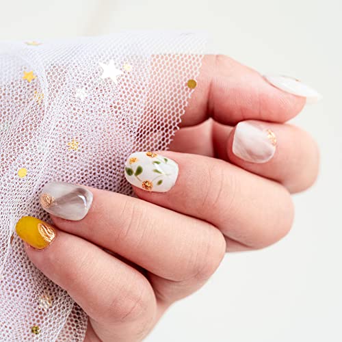 Sun&Beam Nails Handmade Press-on Short Squoval Round Yellow Gold Flower Glitter Ombre Design Fashion False Nail Tips 10 Pcs Set (#005 S) - Image 3