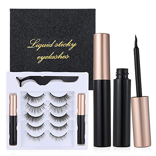 Liquid Sticky Strip Eyelashes and Eyeliner Kit - 3D Natural Look Eyelashes Kit, Reusable Eyelashes 5 Pairs 5 Styles with 2 Liquid Sticky Eyeliners and 1 Tweezers Applicator
