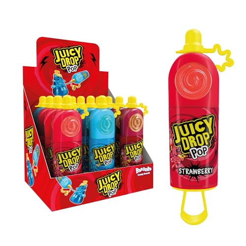 Juicy Drop Pop Lollipops (Pack of 12 Lollipop Sweets Bulk) Sweet and Sour Kids Sweets for Party Bags Raspberry Strawberry & Cola Lollies - Halal Candy