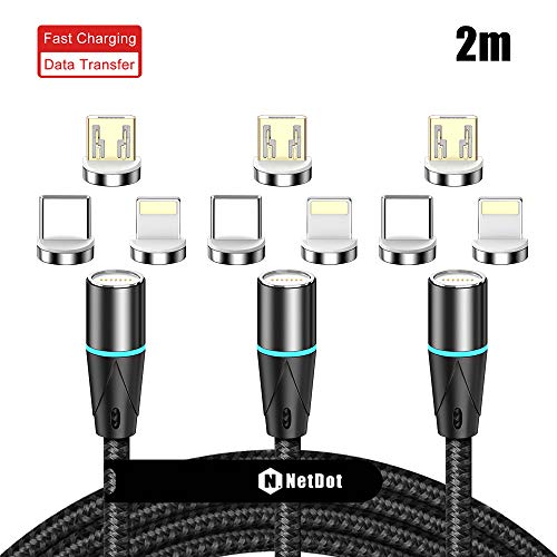 NetDot 12th Generazione 3-in-1 Cavo Magnetico,Ricarica Rapida e Trasferimento Dati per Smartphone Micro USB/USB-C Sumsung S10/9/8/7/6/Note9,Sony,Google e i-Product(2m/3 Pack Nero)