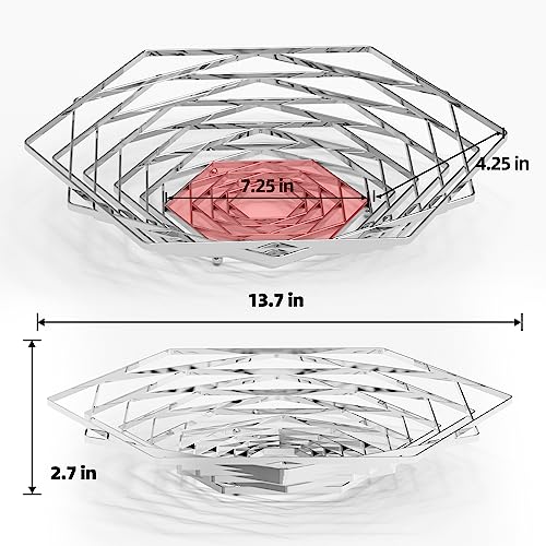 Buruis Large Fruit Bowl, Modern Regular Hexagon Design Fruit Container, Creative Metal Fruit Basket, Candy Dish For Kitchen Countertop Dining Room, Decorative Display Stand (Silver) #TOP6
