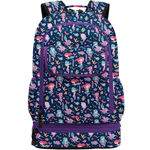 Image of Leaper Water-resistant Cute Mermaid Laptop Backpack Double Deck Lunch Bag Satchel Purple