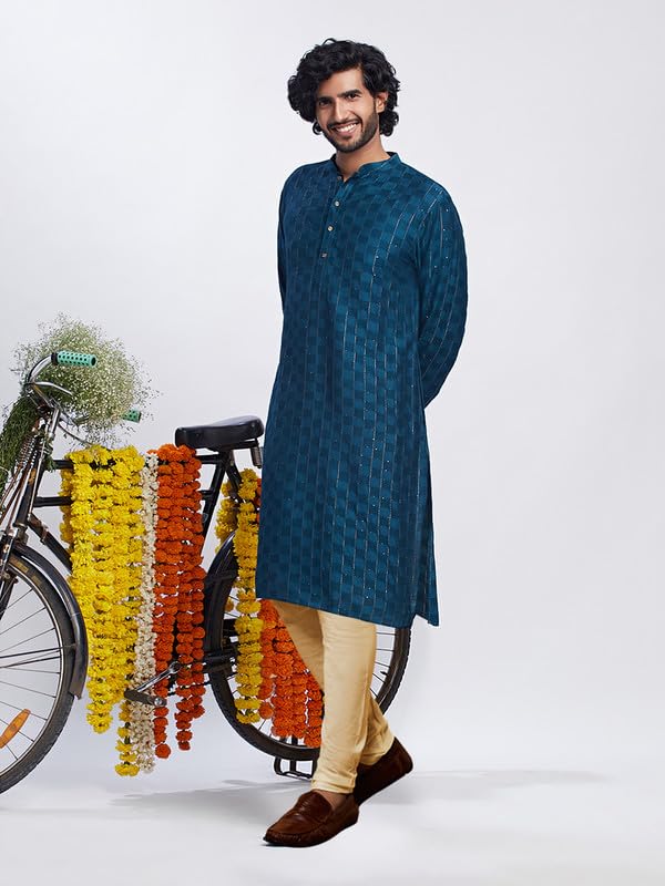 Image of KISAH Men's Kurta Churidar Set, Turquoise Blue Pure Cotton, Embroidered Regular Fit Mandarin Collar Long Sleeves (XL)