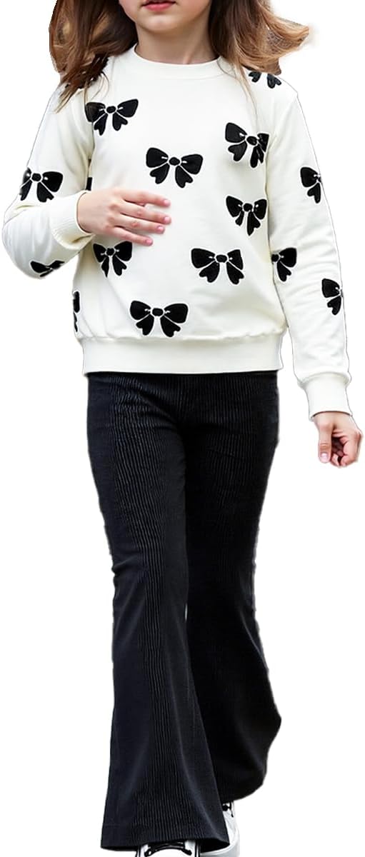 Girls' Bow Print Sweatshirt and Flared Pants Outfit Set 4-7 Years