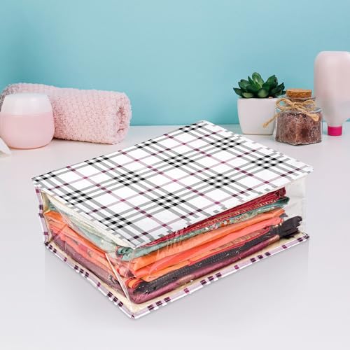 Image of Kuber Industries Saree Cover | Clothes Storage Bag | Storage Organizer Bag | Zip Closure Saree Cover | Side Transparent Wardrobe Organizer | Check-Design | 6 Inch | Cream