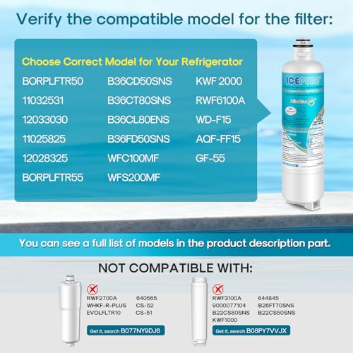 Image of ICEPURE Alkaline BORPLFTR50 Refrigerator Water Filter Replacement for Bosch Ultra Clarity Pro 11032531, 12033030, BORPLFTR55, 12028325, 11025825, B36CT80SNS, WFC100MF, WFS200MF, Enhances PH, 4Pack