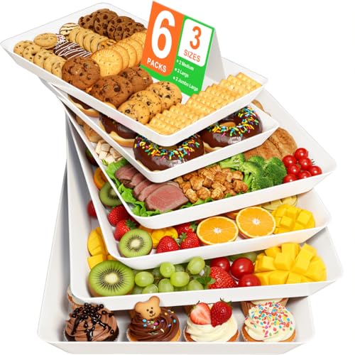 Thanksgiving 6-Pack Serving Tray for Parties, Serving Platter in 3 Sizes for Entertaining, Food Display, Plastic Trays for Cookies, Stackable Rectangular Platters for Family(White)