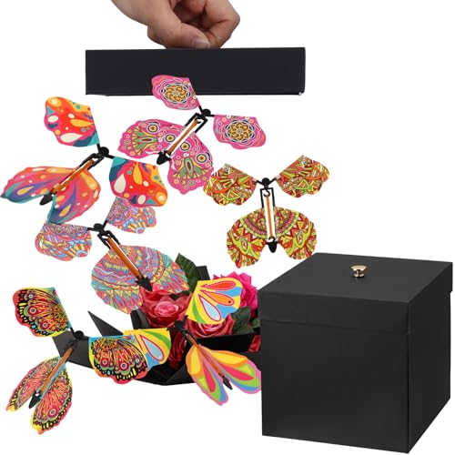 Dinifee Butterfly Explosion Gift Box Flying Butterfly Box with 15 Pcs Flying Butterfly Toy for Mother\'s Day Birthday Party Graduations Anniversaries Holidays Occasion Wedding(Black)