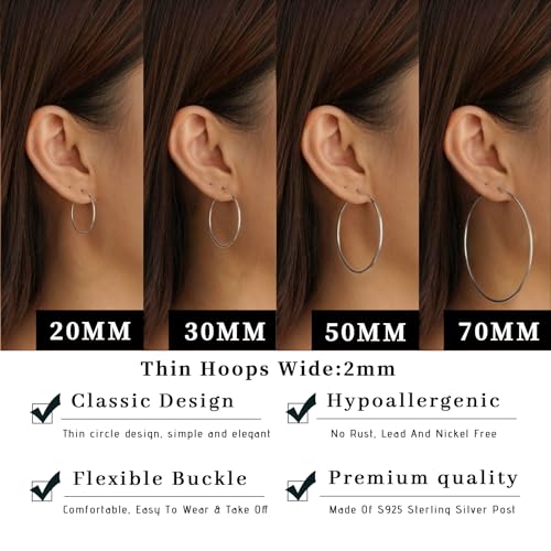 Senteria 2mm Wide 925 Sterling Silver Hoop Earrings for Women Hypoallergenic Lightweight Thin Large Big Gold Hoops Earrings for Women 20/30/50/70MM4