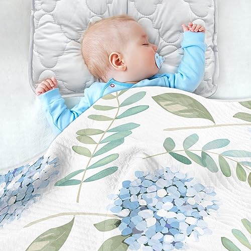 Image of Swaddle Blanket for Blue Floral Hydrangeas with Leaves Baby Receiving Blanket Muslin Baby Swaddles Soft Cotton Breathable Nursery Blankets for Unisex Boys and Girls 30x40 Inch