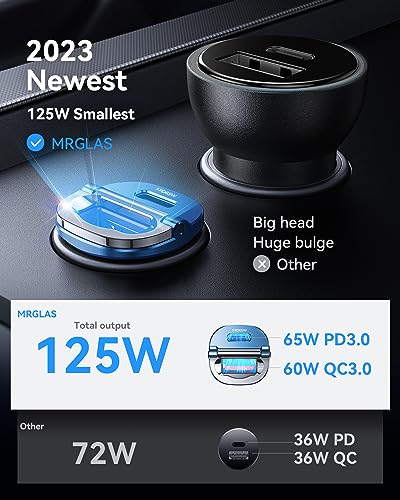 Image of MRGLAS【Upgraded】 125W USB C Car Charger Super Fast Charging for iPhone 16 | [PD65W & QC60W][All Metal] Cigarette Lighter Car Charger,Dual Port for iPhone 16 15 Pro iPad Samsung S25 S24 MacBook-Blue