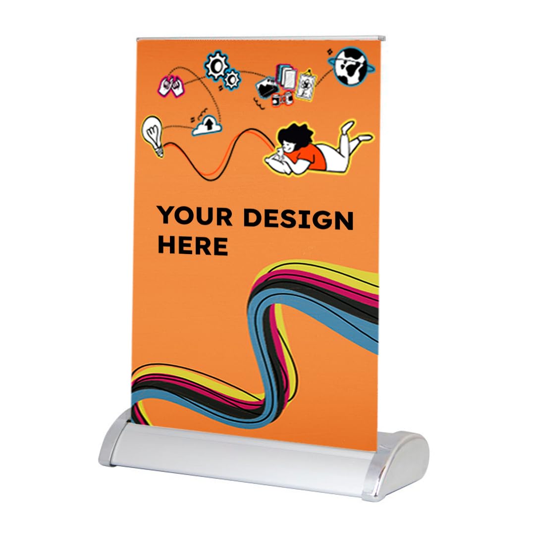 Mini Roll Up personalizado en A4 (21x29,7 cm) | Expositor publicitario de sobremesa con impresión incluida | Estructura retráctil en plateado