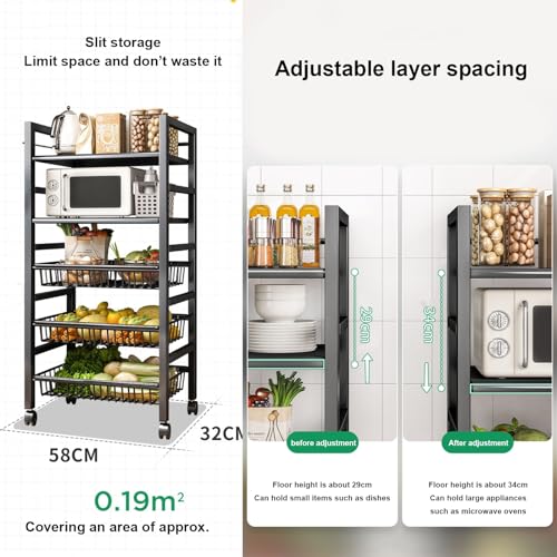 Carrello da Cucina con Ruote, Carrello per microonde con Contenitore - Scaffale da Cucina, Ripiani e Ripiani Regolabili, Ripiani in Metallo robusti con Ruote, Carrello per Frutta e Verdura