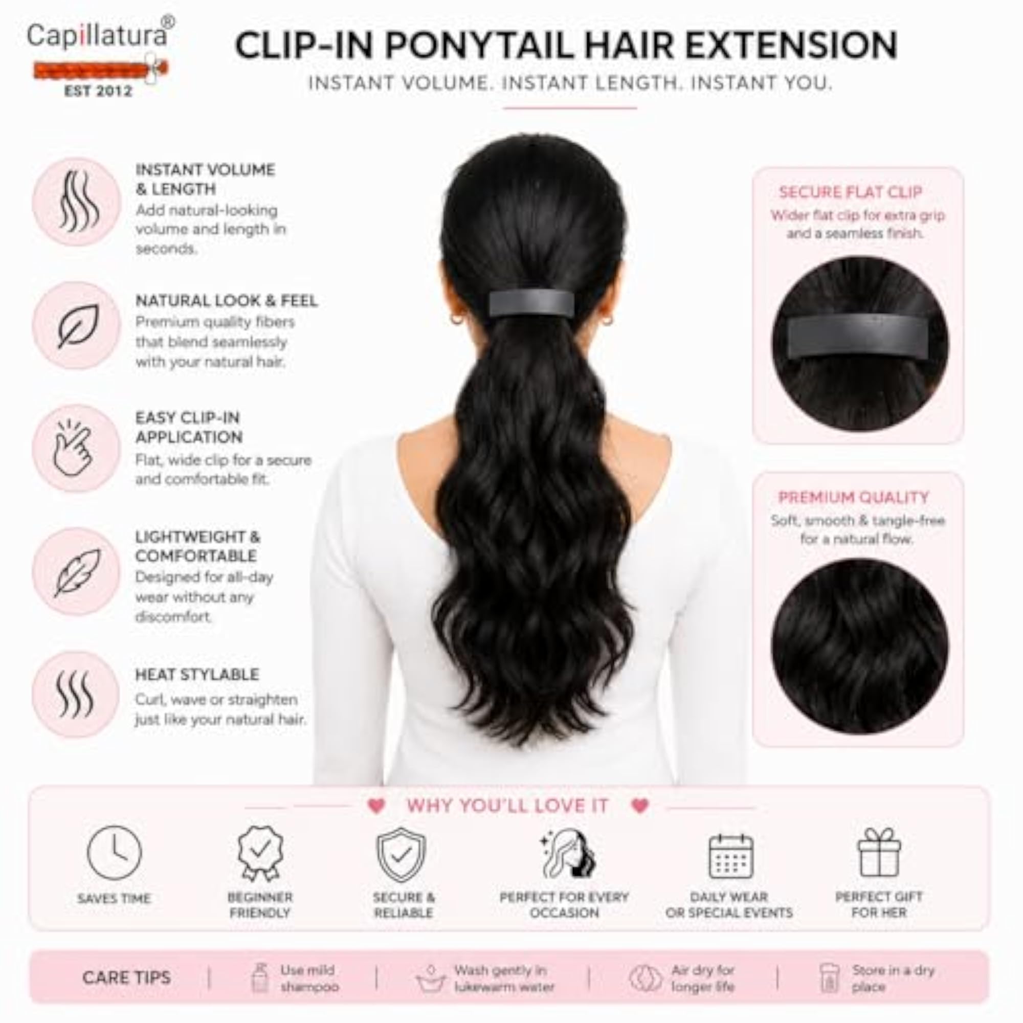 Ponytail Human Hair Extensions, Straight, 12 Inch