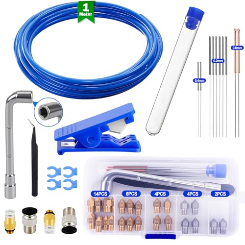 48Pcs Accesorios para Impresora 3D, PTFE Teflon Tube de 1 m con 2 PC4-M6 y 2 PC4-M10 y 30 Nozzles de 0,4 mm, 0,2 mm y 0,6 mm para Creality Ender 2/3/3 V2/3 Pro/5/CR 10 Series