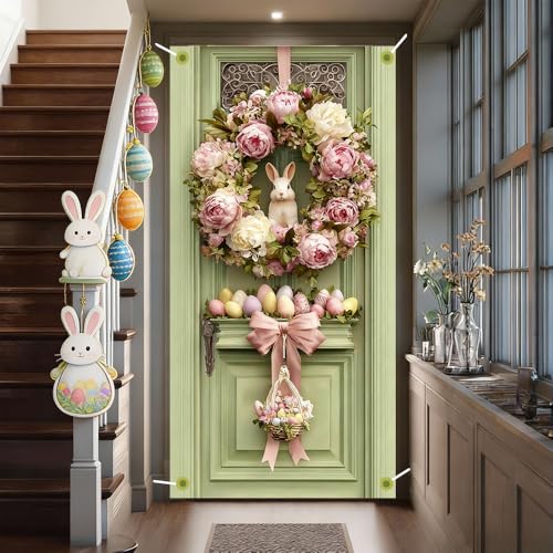 Image of Easter Door Cover 35.43 x 70.87 Inch Elegant Pink Floral Door Scene with Peony Wreath Bunny Accent Decorative Egg Arrangement and Soft Pastel Details for Seasonal Spring Door Decoration