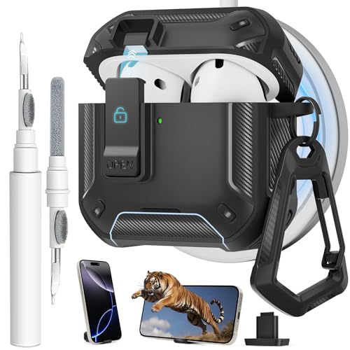 Image of for AirPods 4 Case with Magnetic Secure Lock Clip and Phone Stand, Compatible with Magsafe Charging, with Carabiner&Cleaner kit for Apple iPod 4th Generation Cover(2024) Men Women (Black)