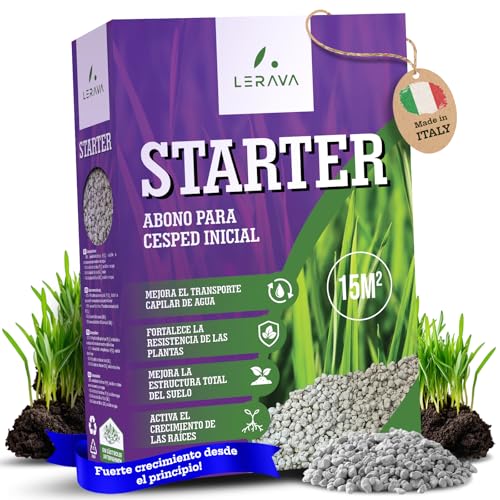 LERAVA STARTER abono cesped - favorece el crecimiento de las raíces - se combina con semillas de césped - no quema - cesped natural - refuerza la resistencia de las plantas - abono para cesped - 15m²