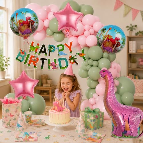 Image of Rozi Decoration Dinosaur Theme Birthday Decoration Kit for Girls, Kids Party, 58 Pcs Pink Dinosaur Birthday Decorations Set | Happy Bday Decorative Items for Kids