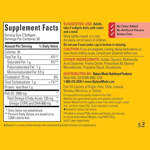 Image of Nature Made Burp Less Fish Oil Omega 3, 1200 mg Softgels, 60 Softgels | EPA DHA Omega 3 Fish Oil Supplements for Healthy Heart Support, 30 Day Supply