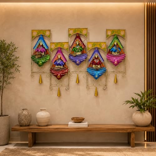 Image of iHandikart Handmade Metal Wall Art for Home Decor | 30 x 15 Inch Traditional Rajasthani Village Women Wall Sculpture | Multicolor Iron Wall Hanging Art for Living Room, Bedroom, Hallway & Office
