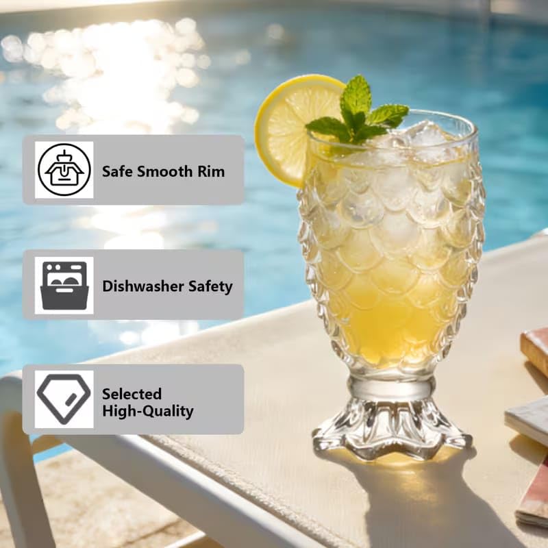 Image of PrimeWorld Juice Glasses Set of 6 (300 ml) | Heavy Base Beverage Cups with Unique Pineapple Design | Dishwasher Safe Glassware for Juice, Water, Milk, Iced Tea & Cocktails