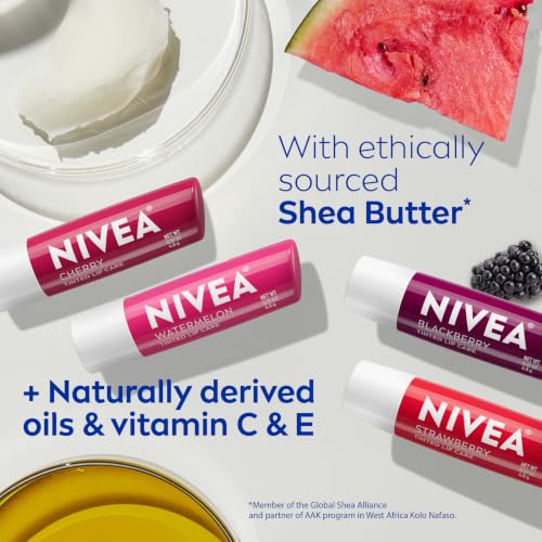 Image of NIVEA Lip Care, Fruity Cuties Lip Balm Variety Pack, 4 x 0.17 OZ | One Each: Cherry, Strawberry, Watermelon and Blackberry, Shea Butter Enriched, 3-in-1 Moisture, Tinted Lip Balms