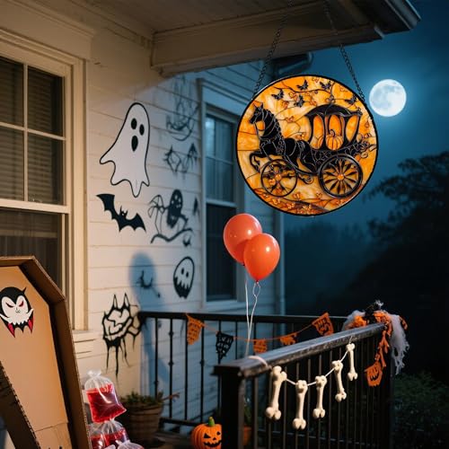 Image of Stained Glass Window Hanging - Halloween Pumpkin Carriage Suncatcher for Doors Window Garden Indoor Spooky Funny Orange Sun Catchers Gothic Decor Horror Gifts for Women Men Friend 6.3 in