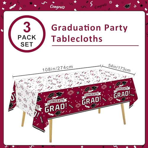 Image of Oigco Graduation Party Decorations, Congrats Grad Graduation Tablecloth for 2026 Graduation Party Supplies, 3 Pack Maroon Disposable Plastic Table Cover, 54 inchx108 inch
