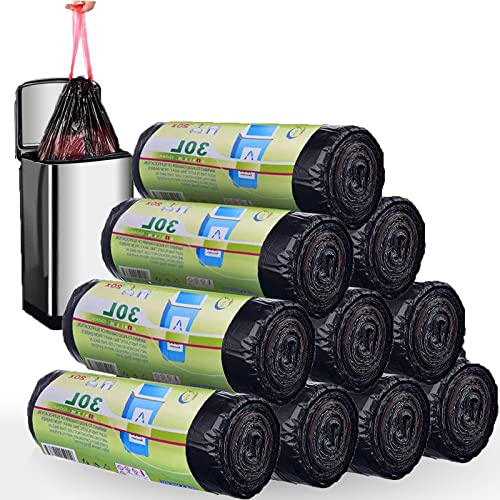 SENENQU 200 Stück Müllbeutel 30l Mit Zugband Müllsäcke Mülltüten mit Tragegriff Super Auslaufsicher 10 Rollen Abfallsack Mit Zugband 30 Liter Groß 62 x 54 cm Schwarz