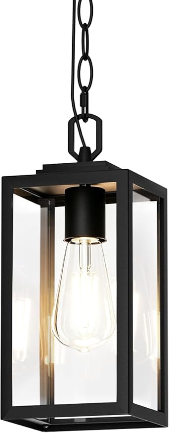 Modern Outdoor Pendant Light, 1-Light Outdoor Hanging Lantern Light, Matte Black Aluminum with Clear Glass, Exterior Pendant Lighting Fixture for Porch, Yard, Gazebo