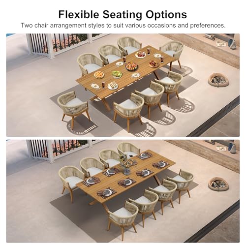 Image of PURPLE LEAF 9 Piece Longer Outdoor Dining Set with Patio Aluminium Dining Table and Wicker Chairs Modern Furniture Cushions Sets for Backyard Indoor Decor Kitchen Teak