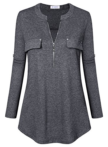 Image of Bulotus 3 /4 Length Sleeve Womens Striped Tops Zipper V Neck Collared Blouses Business Casual Tunics 2026 Spring Trendy