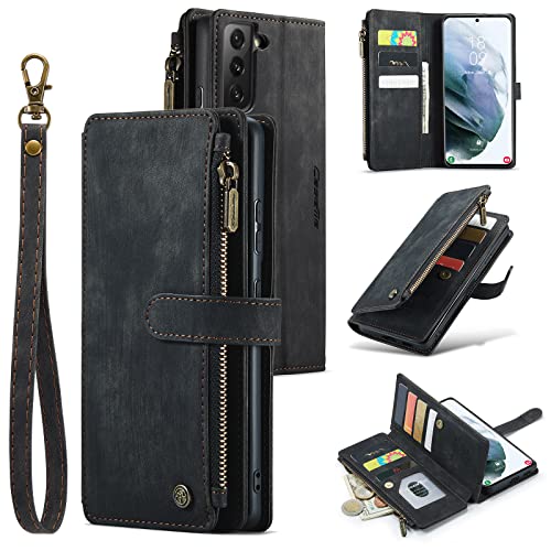 Étui en cuir PU pour Samsung S21 FE fait main avec rangements et coque noire