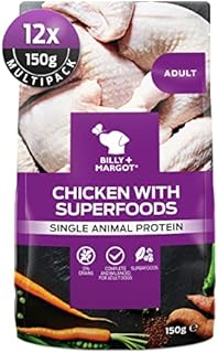 Billy + Margot Wet Dog Food Pouches. Multipack 12 x 150g, 100% Natural Dog Food Wet - Premium Chicken + Superfoods. Grain Free Dog Food for Adult Dogs