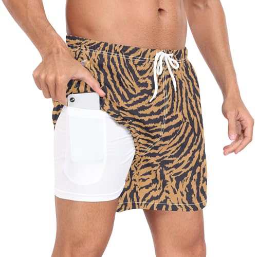 Animal Print Brown Swim Trunks for Men Mens Lined Sport Shorts with Pockets and Compression Liner Lightweight M3