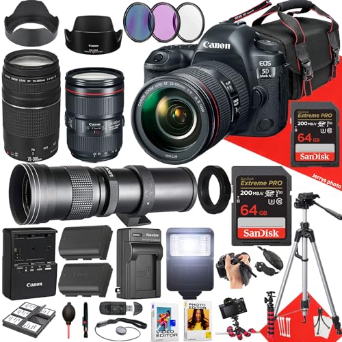 Canon EOS 5D Mark IV DSLR Camera with EF 24-105mm f/4L is II USM, EF 75-300mm f/4-5.6 III and 420-800mm f/8.3 HD Lens + 128 GB Memory + Filters + More (39pc Bundle) (Renewed), Black