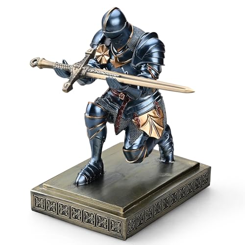 Medieval Armored Warrior Knight Pen Holder Desk Organizers and Accessories Resin Pencil Holder Paperweight as Gift with a Cool Letter Opener for Desk (Blue)