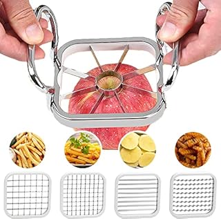 Stainless Steel Apple Cutter, Kitchen Apple Slicer, Fruit Cutter, 5 in 1 Stainless Steel Apple Corer and Slicer, with Anti-Slip Handle for DIY Making, Fruits, Vegetable, Potato (Silver)