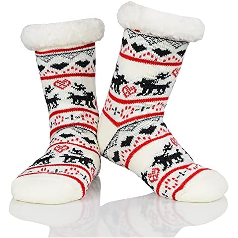 Zando Damen Hüttensocken Anti-Rutsch Haussocken Warm Atmungsaktiv Dicke Socken Fleece-Gefütterte Hirsch Weiß Einheitsgröße Cover