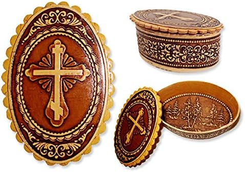 Wooden Birch Rosary Prayer Beads Keepsake Box With Three Bar Cross 2 3/4 Inch, Religious Gift