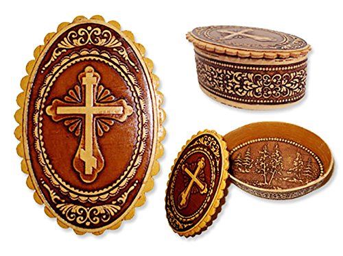 Wooden Birch Rosary Prayer Beads Keepsake Box With Three Bar Cross 2 3/4 Inch, Religious Gift