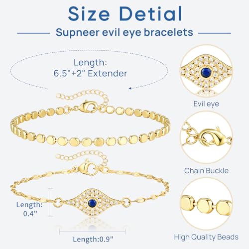 SUPNEER 18K Gold Evil Eye Bracelets for Women 5A Cubic Zirconia Blue Eye | Adjustable Link Bracelets Set, 2Pcs Protection, Jewelry Gift with Card for Mother's Day Christmas - image 5