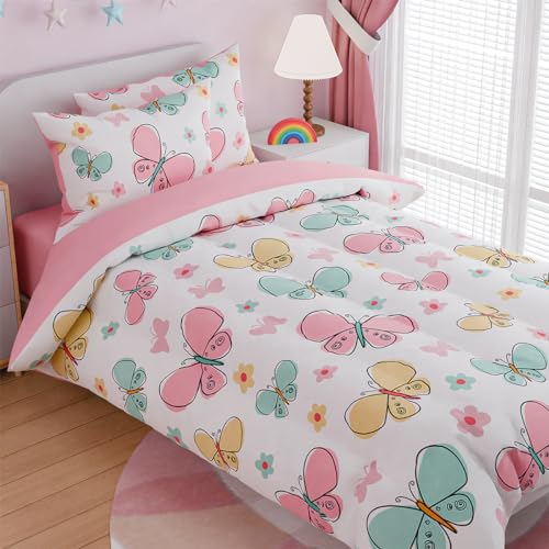 Image of SANDJEST Butterfly Full Bedding Sets for Girls, Ultra Soft Microfiber Comforter Set with 4-Pieces, Bed Sets for Kid Tween Teen Bedroom Decor