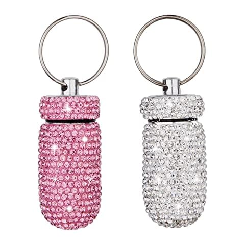 2 Pack Bling Crystal Rhinestones Waterproof Pocket Keychain Pill Holder，Portable Mini Aluminium Alloy Pill Organizer Case Container to Hold Vitamins for Outdoor Camping Travel（Silver,Pink） Cover