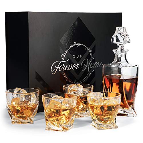 Our Forever Home Whiskey Decanter Set For Men-Beautifully Crafted, 5 Piece Set Holds 27 oz - Scotch Glasses and Bottle Make Perfect Bar Decor