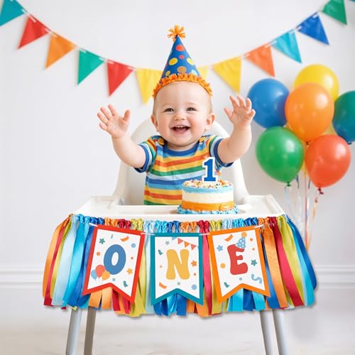 Image of Kriyokiaa Fun To Be One Birthday High Chair Banner Retro Rainbow One High Chair Banner Boy Photo Backdrop Fun To Be One Birthday Decorations for Boys Girl Wall Hanging Decorations for Kids Bedroom