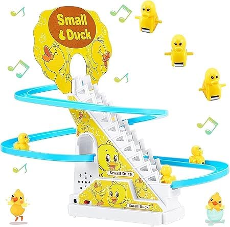 Jextic Kid Duck Slide Toy Set, Funny Automatic Stair-Climbing Ducklings Cartoon Race Track Set Little Lovely Duck Slide Toy Escalator Toy with Lights and Music
