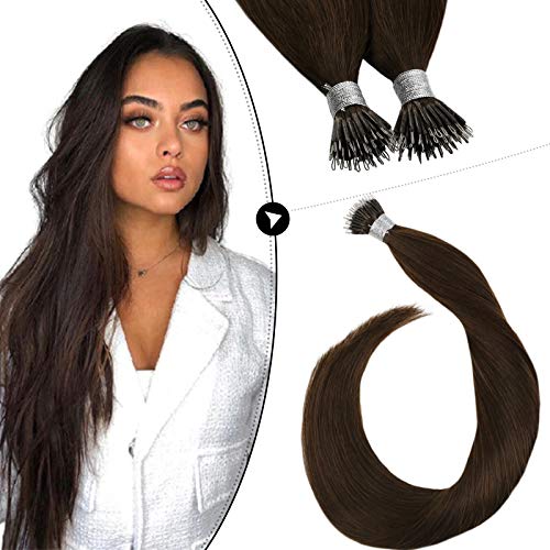 Ugeat Nano Rings Hair Extensions Real Hair Extensions 20 Inch Nano Tip Hair Extensions Human Hair #4 Dark Brown 40g Silky Straight Prebonded Human Hair Extensions 0.8g/strand